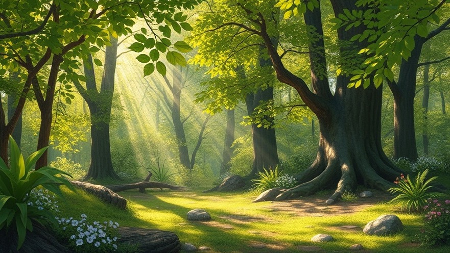Peaceful forest scene for Baumbestattung, featuring natural stones and flowers.
