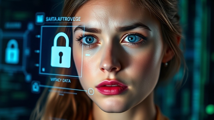 Junge Frau denkt über Datenschutz und digitale Freiheit nach, mit Datenanzeige im Hintergrund.