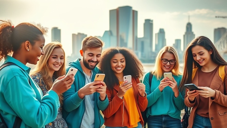 Junge Freunde genießen unbegrenzte Prepaid-Tarife mit ihren Smartphones im Freien.