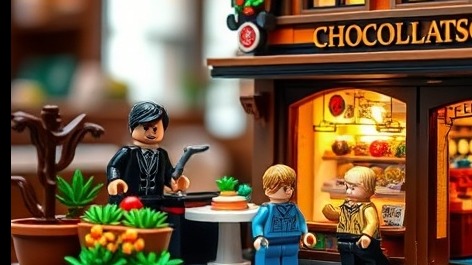 LEGO Kunst der Schokolade: photorealistic chocolate shop diorama with vibrant details.
