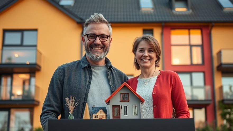 Lächelndes Paar investiert in Immobilienmarkt Deutschland vor modernem Wohngebäude.