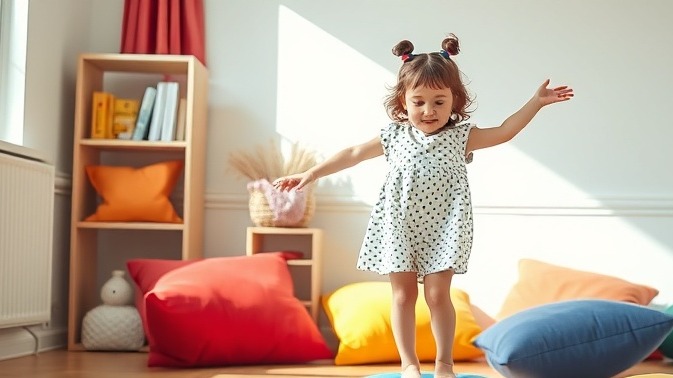 Young girl engaged in open-ended play on colorful cushions in a bright room.