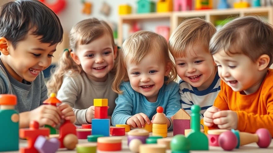 Kinder spielen mit buntem Holzspielzeug, fördernd kreative Entwicklung und Freude.
