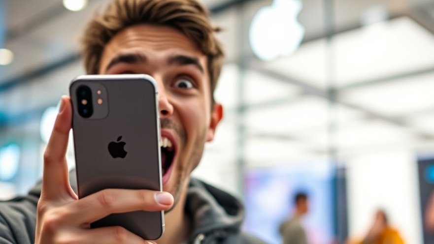 Excited individual with MacBook upgrades at a vibrant Apple store.