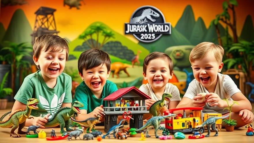 Kinder spielen begeistert mit Dinosaurier Spielzeugen in einer bunten Jurassic-Welt.