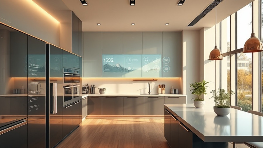 Futuristic kitchen with smart home interface showcasing smart homes 2026 trends.