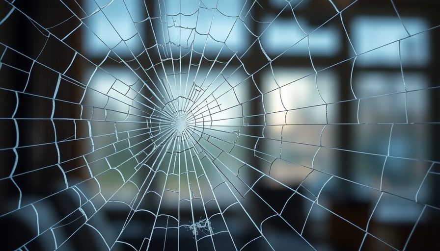 Detailed cracked window glass needing repair with indoor reflection.