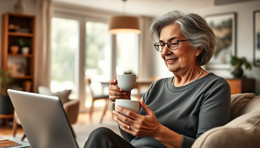 Stylish senior woman enjoying tea in modern living room, post-move home improvements.