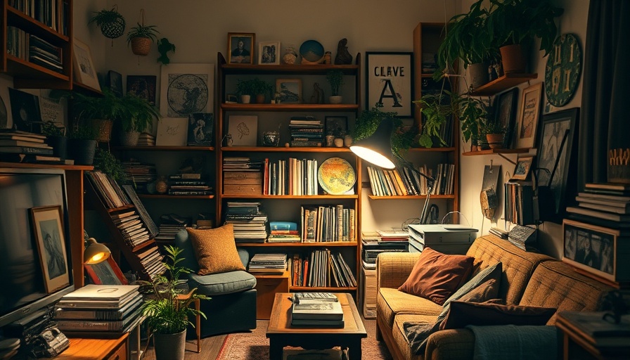 Cozy compact living room with mixed decor and ambient lighting.