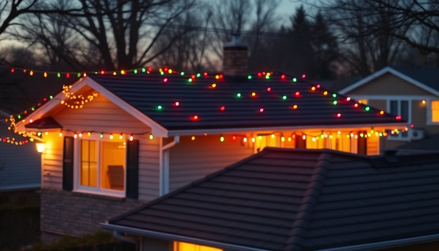 Suburban house with Christmas lights glowing at dusk.