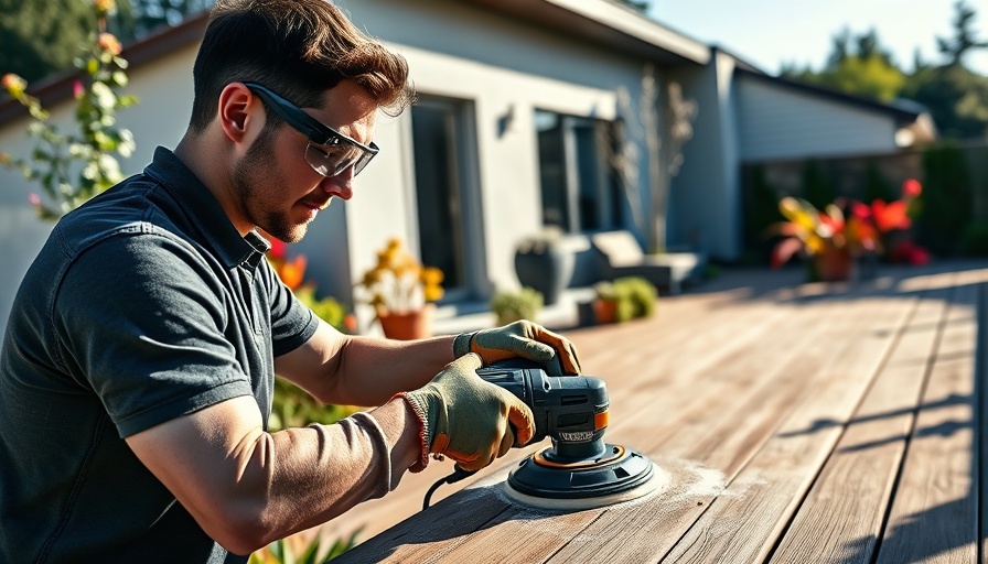 Young man sanding deck for house maintenance in a garden.