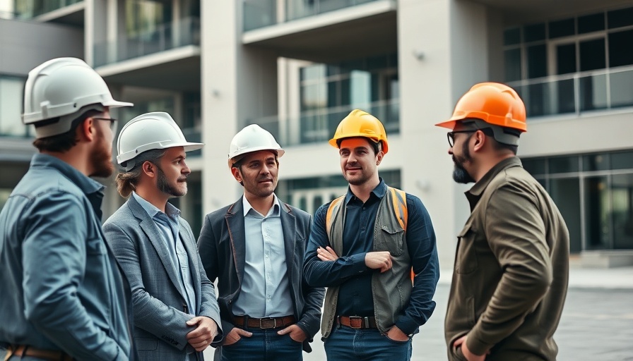 Professionals at construction site discussing structure details.