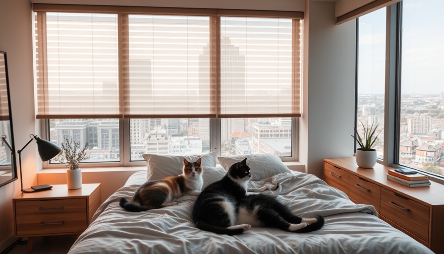 Modern bedroom with automated blinds, cozy feel, for homeowners.