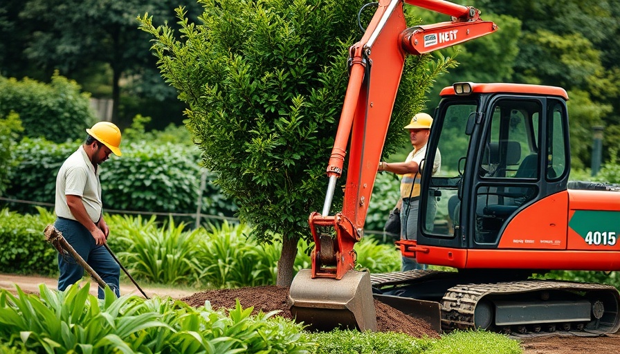 Workers using an excavator for full-service landscape construction