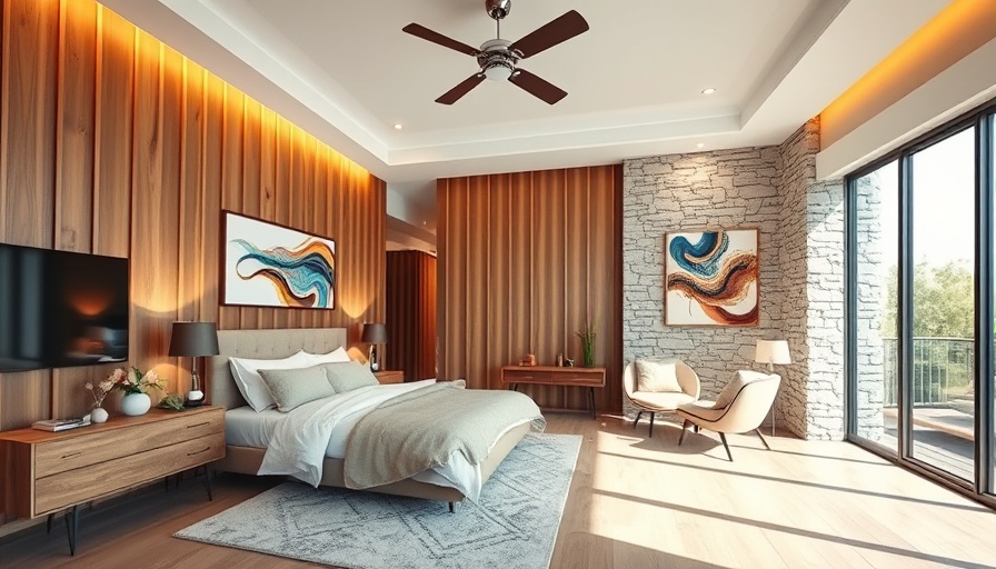 Modern home designs in a stylish bedroom with wood and stone elements.