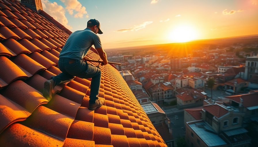 Roofer adjusting tiles at sunrise, St. George.