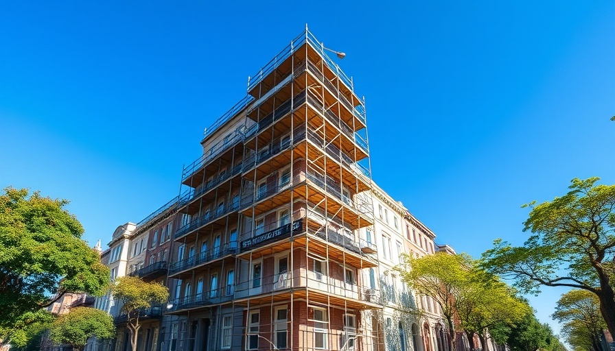 Scaffolding on classic townhouses under sunny blue sky.