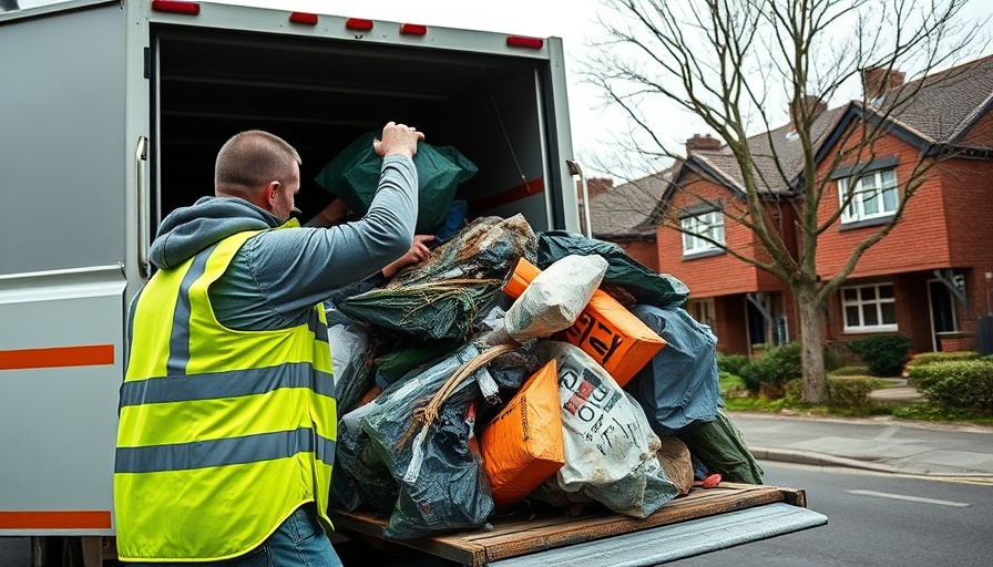Worker loads rubbish into truck, rubbish removal services.