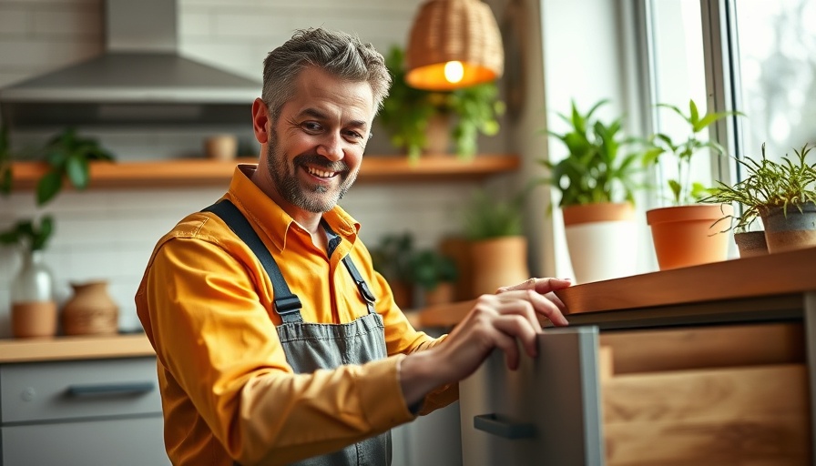 Smiling pest control professional in modern kitchen, smart pest control approaches.