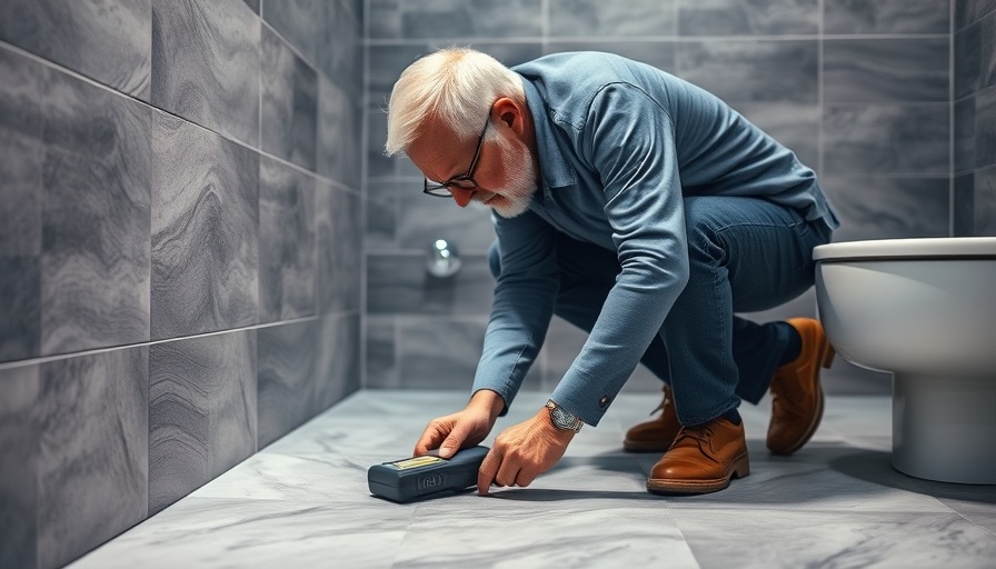 Elderly man inspecting bathroom floor for hidden water risks, modern setting.