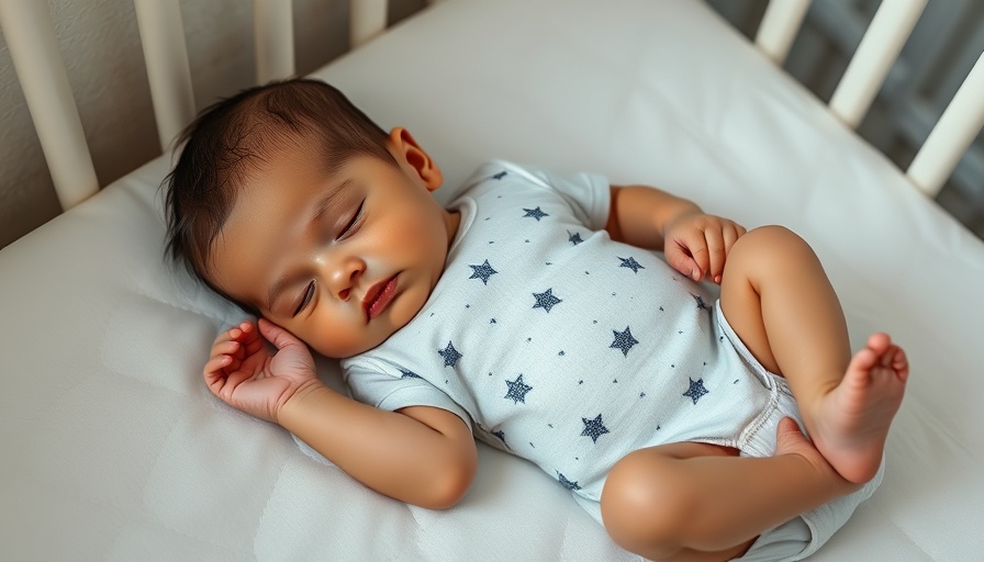 Serene baby in eco-friendly nursery crib, celestial-themed onesie.
