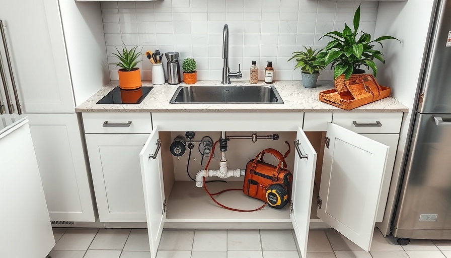 Kitchen plumbing issues: open cabinet with tools and pipes under sink.