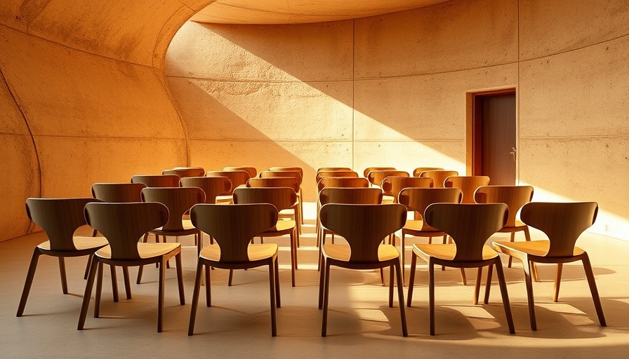 Neatly arranged wooden chairs in a minimalist architecture conference room.