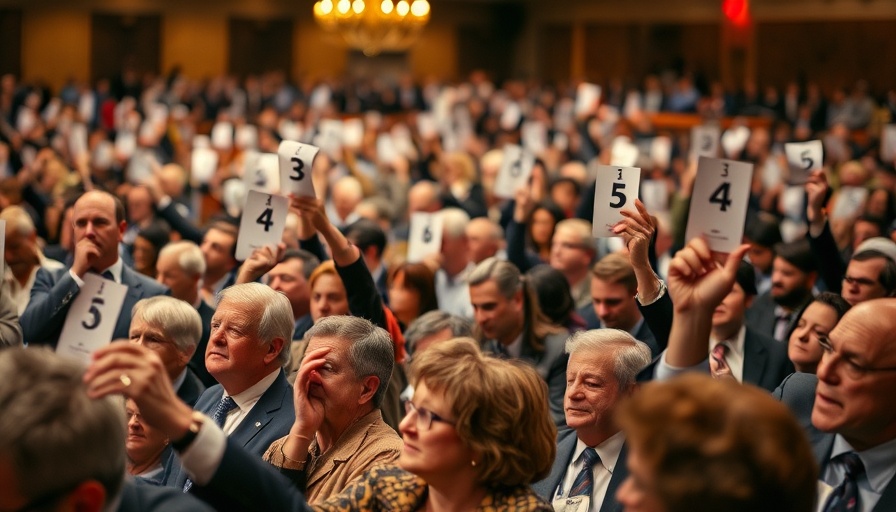 Exciting auction in London with bidders holding number cards.