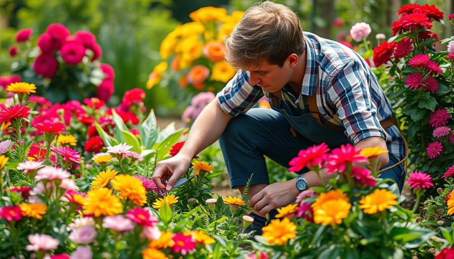 Professional garden maintenance by a horticulturist in a lush garden setting.