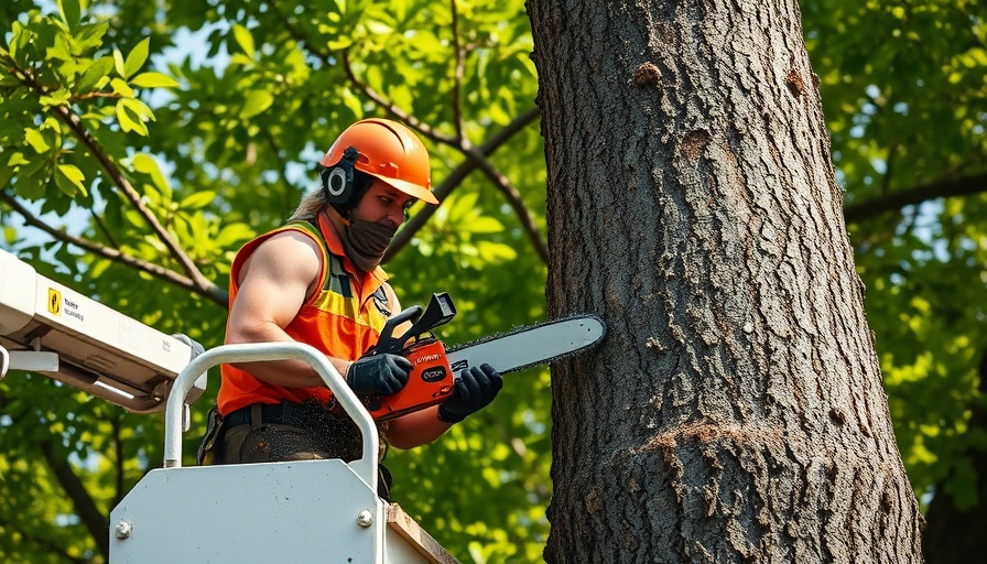 Graham Land Clearing Services professional trimming a tree with a chainsaw from a bucket lift.