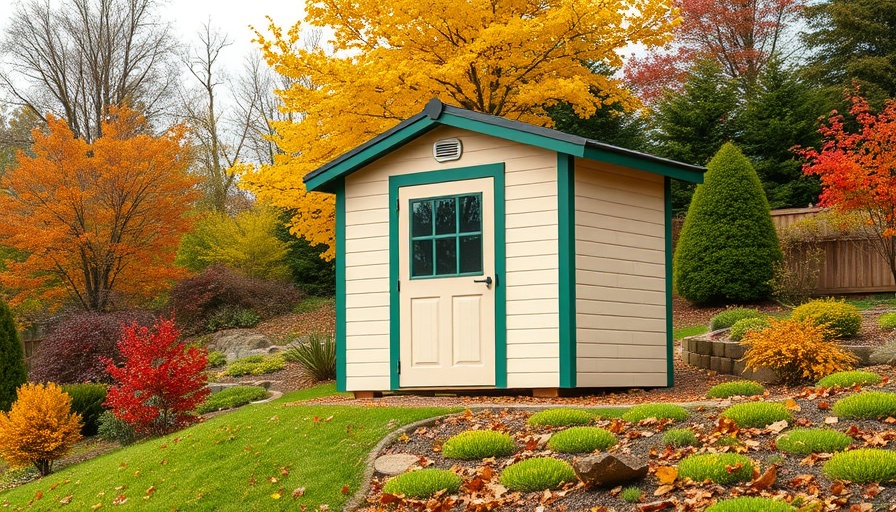Small beige shed on a sloped garden with autumn leaves.