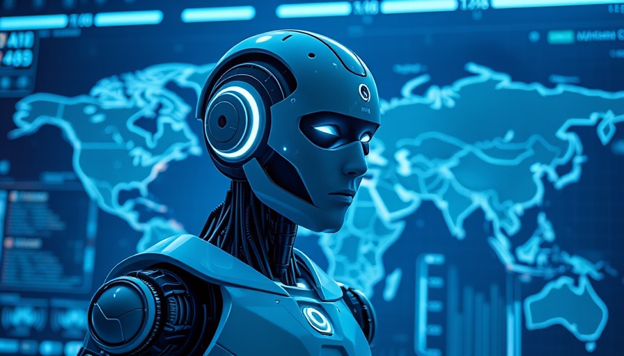 AI discovery platform interface with robot pondering, deep blue theme.