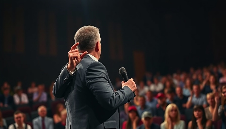 Confident speaker engaging audience in a dynamic, cinematic photo.