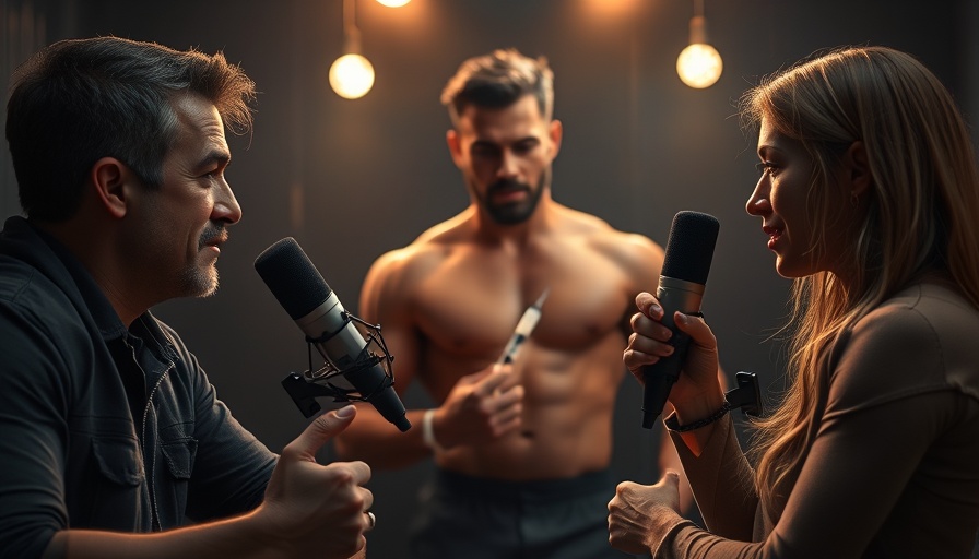Podcasters discussing low testosterone treatment methods with a highlighted muscular figure.