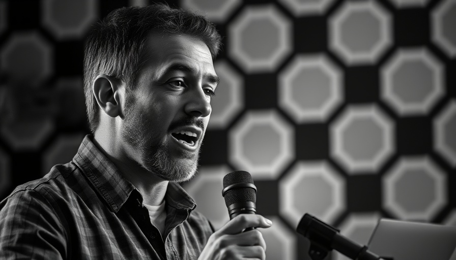 Monochrome man discussing health in front of a microphone.