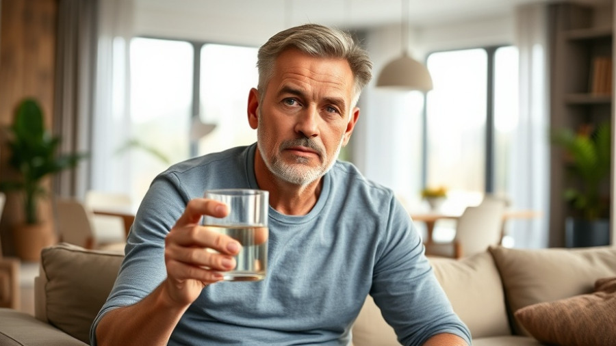 Middle-aged man in water fasting challenge day 2 holding a glass of water.