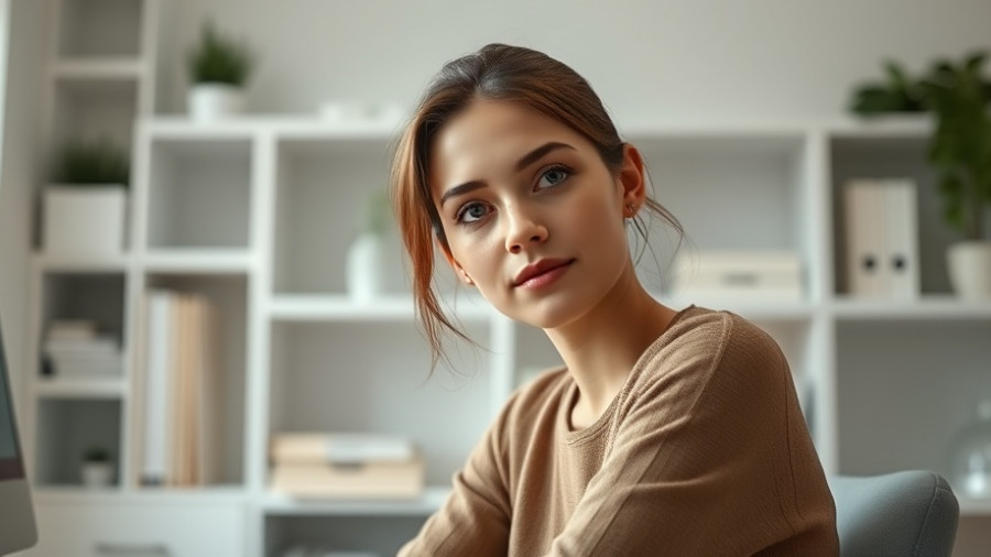 Young woman reflecting on time management tips in a cozy home office.