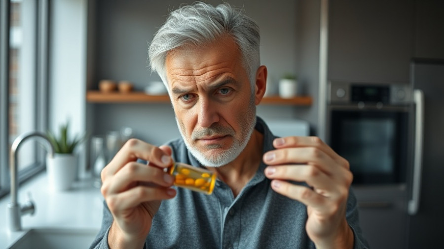 Serious man examines supplement bottle in modern kitchen during water fast challenge.