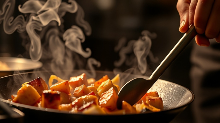 Foods to Avoid for Diabetes: Frying pan with sizzling food and serious man.