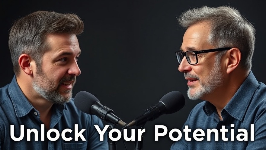 Two men in a photorealistic podcast discussion on personal stories, mentorship, and resilience.