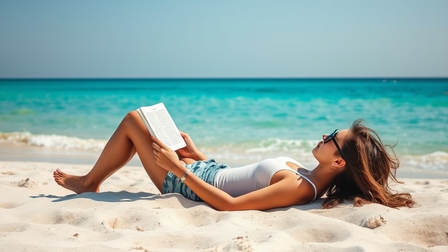 Relaxed individual maximizing efficiency on a beach, reading for productivity.