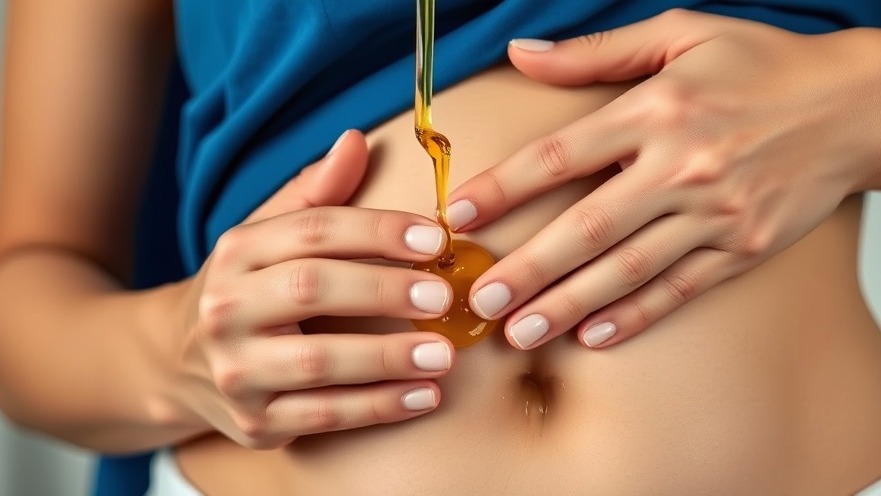 Hands pouring castor oil onto a belly button, showcasing natural remedies for holistic wellness.