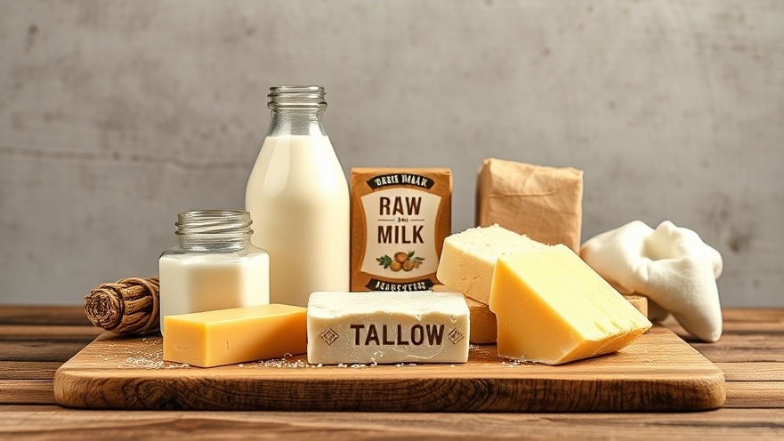Vibrant health items including raw milk and tallow highlighting their nutritional value.