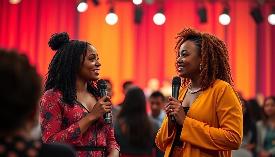 Create Happiness Internally: Two female speakers discussing happiness, vibrant stage.