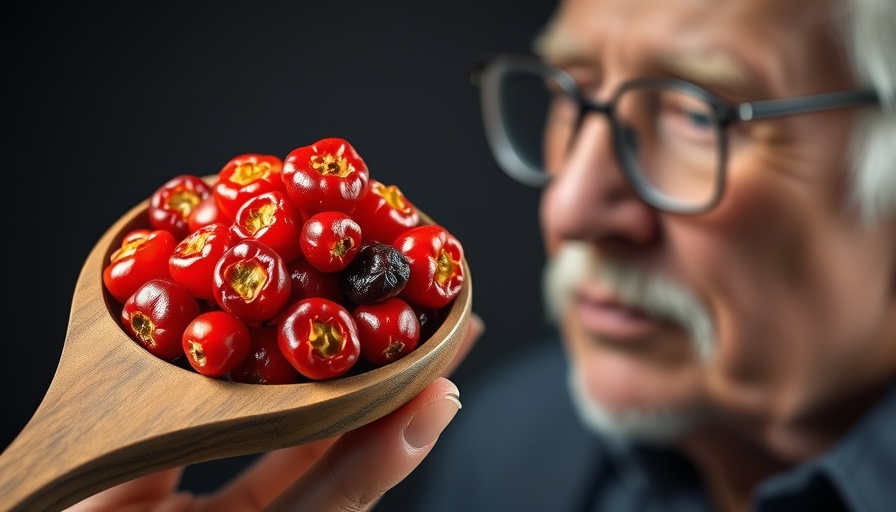 Vibrant goji berries with wooden spoon and older man discussing superfoods.