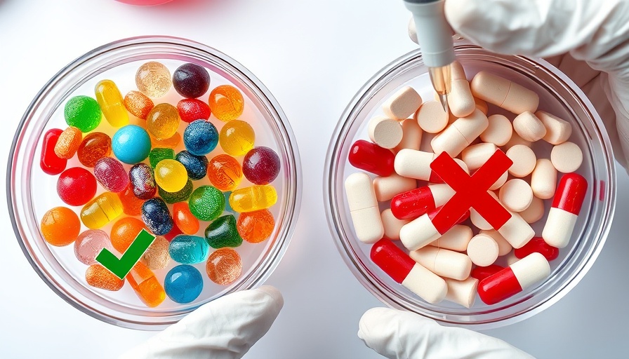 Toxic food dyes safety comparison in lab with candies and pills.