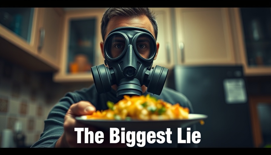 Rethinking Carbohydrates: Dramatic scene with gas mask in kitchen.