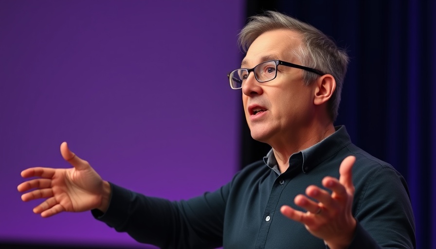 Middle-aged man presenting on stage, discussing fertility rates.