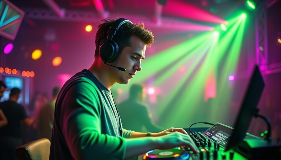 DJ with headphones mixing music in a vibrant nightclub.