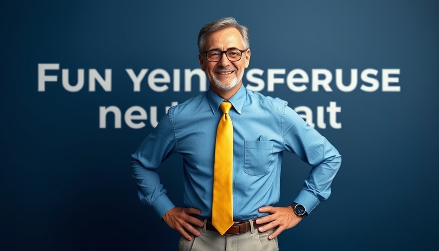 Confident man in blue shirt promoting live event, Managing Stress for Productivity.